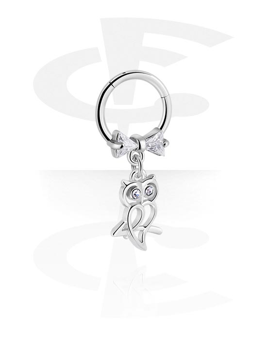 Anéis piercing, Multi-purpose clicker (aço cirúrgico, prata, acabamento brilhante) com pendente coruja e pedras de cristal, Aço cirúrgico 316L, Latão revestido