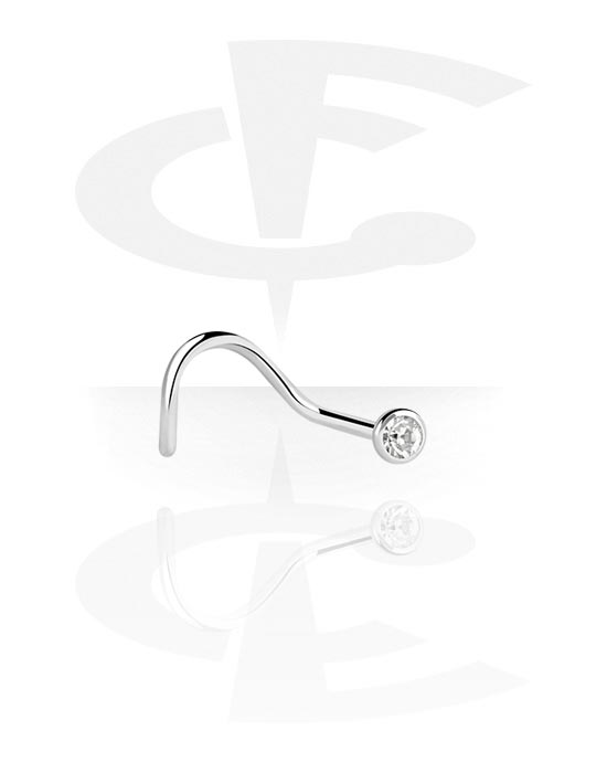 Nose Jewellery & Septums, Curved nose stud (surgical steel, silver, shiny finish) with crystal stone, Surgical Steel 316L