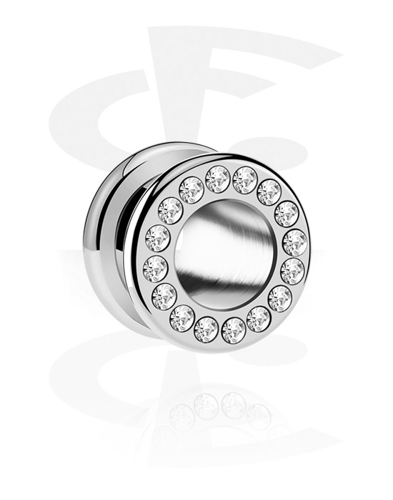 Tunnels & Plugs, Screw-on tunnel (surgical steel, silver, shiny finish) with crystal stones, Surgical Steel 316L
