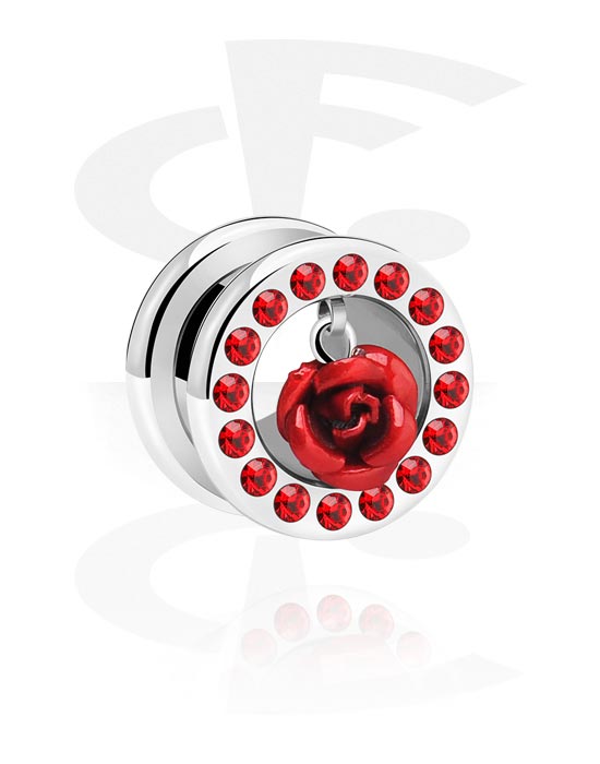 Tunnels & Plugs, Screw-on tunnel (surgical steel, silver, shiny finish) with rose design and crystal stones, Surgical Steel 316L