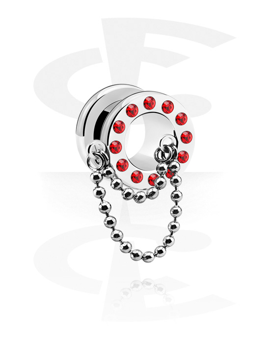 Tunnels & Plugs, Screw-on tunnel (surgical steel, silver, shiny finish) with chain and crystal stones, Surgical Steel 316L