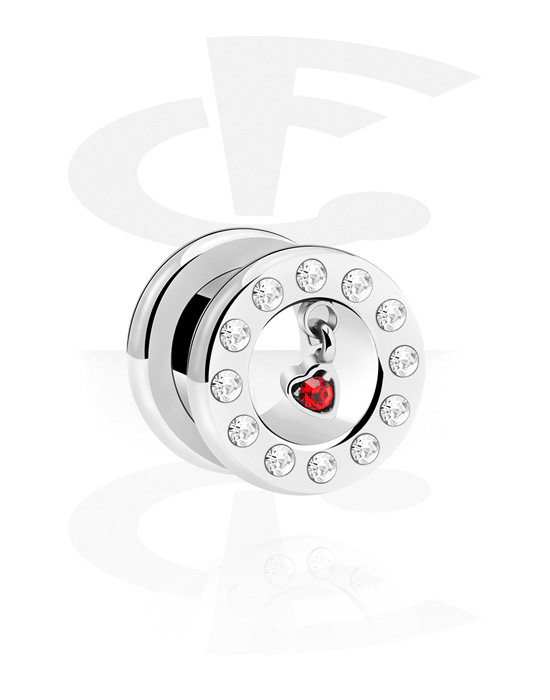 Tunnels & Plugs, Screw-on tunnel (surgical steel, silver, shiny finish) with heart charm and crystal stone, Surgical Steel 316L