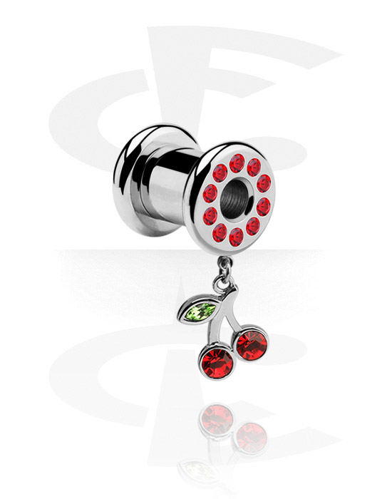 Tunnels & Plugs, Screw-on tunnel (surgical steel, silver, shiny finish) with crystal stones and cherry charm, Surgical Steel 316L