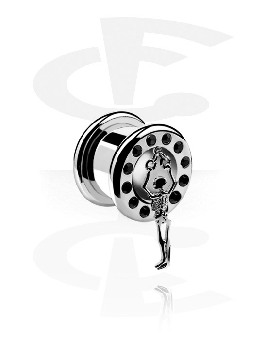 Tunnels & Plugs, Screw-on tunnel (surgical steel, silver, shiny finish) with skeleton charm and crystal stones, Surgical Steel 316L