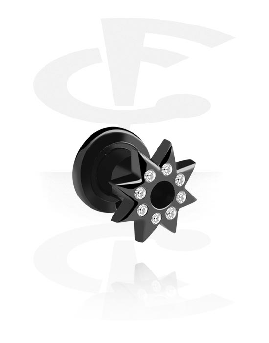 Tunnels & Plugs, Screw-on tunnel (acrylic, black) with star attachment and crystal stones, Acrylic