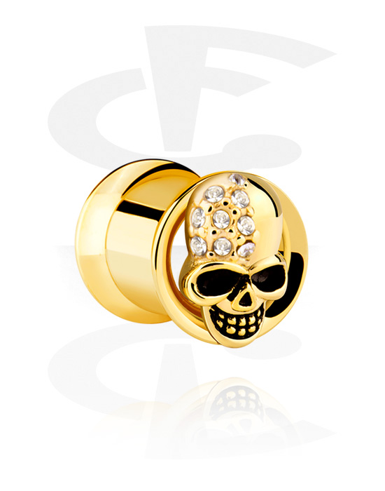 Tunnels & Plugs, Double flared tunnel (surgical steel, gold, shiny finish) with skull design and crystal stones, Gold Plated Surgical Steel 316L