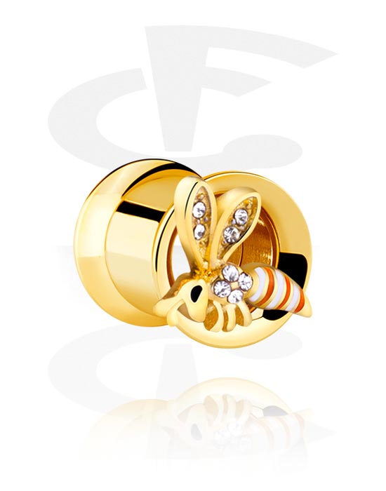 Tunnels & Plugs, Double flared tunnel (surgical steel, gold, shiny finish) with bee design, Gold Plated Surgical Steel 316L