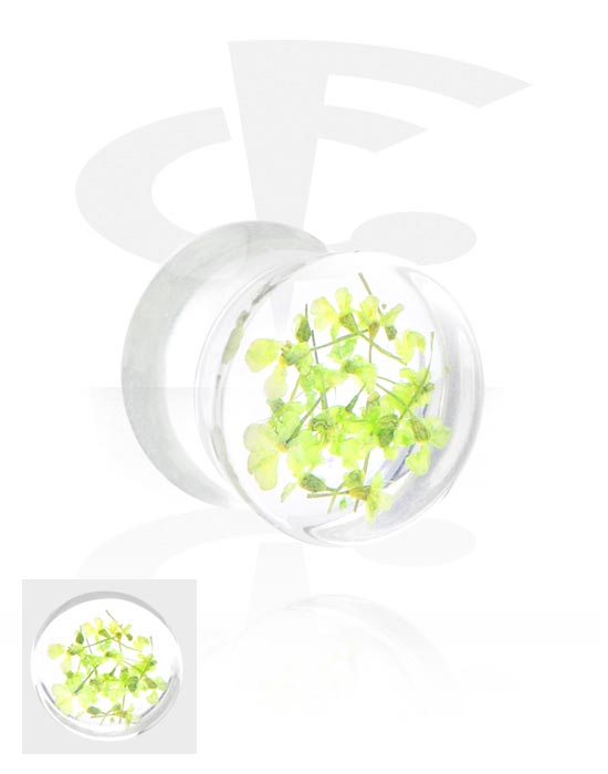 Tunely & plugy, Plug s rozšířenými konci (akryl transparentní) s vložkou květina, Akryl