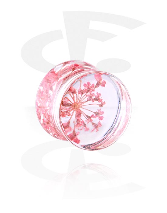 Tunnels & Plugs, Double flared plug (acrylic, transparent) with flower inlay, Acrylic