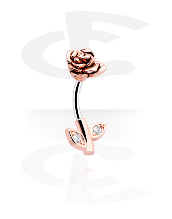 Ívelt barbellek, Belly button ring (surgical steel, silver, shiny finish) val vel rózsa dizájn és Kristálykövek, Sebészeti acél, 316L, Rózsa-aranyozott sebészeti acél, 316L