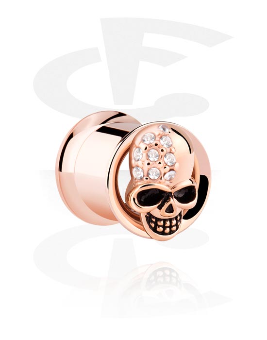Tunnels & Plugs, Double flared tunnel (surgical steel, rose gold, shiny finish) with skull design and crystal stones, Rose Gold Plated Surgical Steel 316L