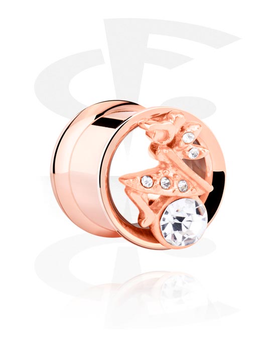 Tunnels & Plugs, Double flared tunnel (surgical steel, rose gold, shiny finish) with fairy design and crystal stones, Rose Gold Plated Surgical Steel 316L