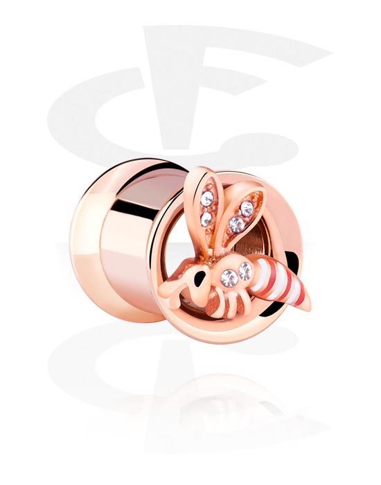 Tunnels & Plugs, Double flared tunnel (surgical steel, rose gold, shiny finish) with bee design and crystal stones, Rose Gold Plated Surgical Steel 316L
