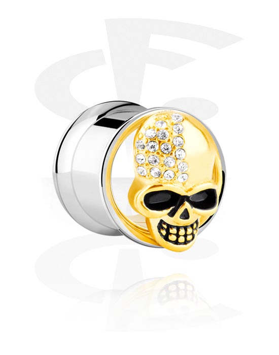Tunnels & Plugs, Double flared tunnel (surgical steel, silver, shiny finish) with skull attachment and crystal stones, Surgical Steel 316L