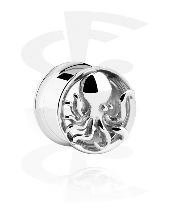 Tunnels & Plugs, Double flared tunnel (surgical steel, silver, shiny finish) with octopus design, Surgical Steel 316L