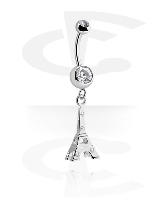 Buede stave, Navlering (kirurgisk stål, sølv, blank finish) med charm med Eiffeltårnet og krystaller, Kirurgisk stål 316L