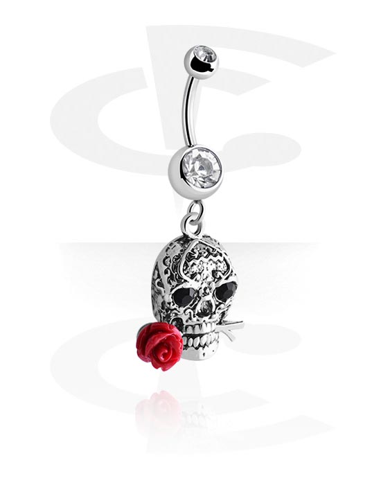 Curved Barbells, Belly button ring (surgical steel, silver, shiny finish) with sugar skull "Dia de Los Muertos" design  and crystal stones, Surgical Steel 316L