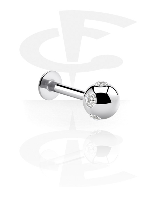 Labrets, labret (aço cirúrgico, prata, acabamento brilhante) com bola e pedras de cristal, Aço cirúrgico 316L