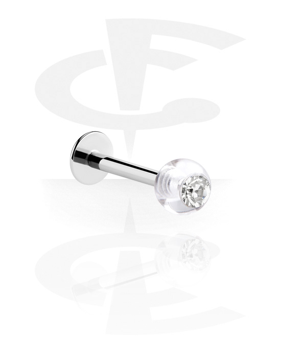 Labrets, labret (aço cirúrgico, prata, acabamento brilhante) com bola e pedra de cristal, Aço cirúrgico 316L, Acrílico
