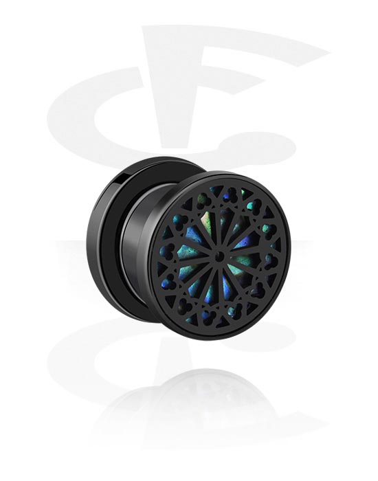 Tunnels & Plugs, Screw-on tunnel (surgical steel, black, shiny finish) with ornament, Surgical Steel 316L