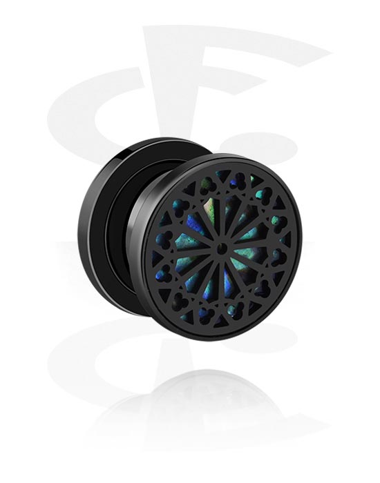 Tunnels & Plugs, Screw-on tunnel (surgical steel, black, shiny finish) with ornament, Surgical Steel 316L