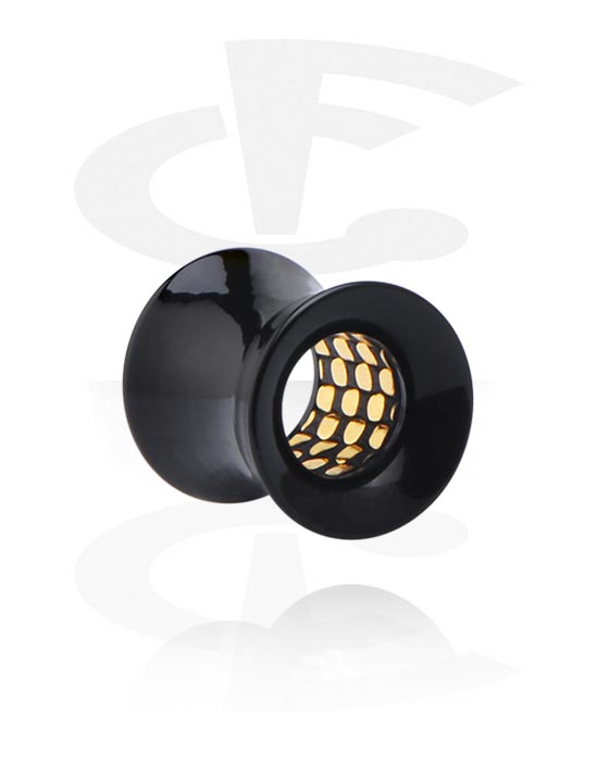 Tunneler & plugger, Dobbeltformet plugg (akryl, svart) med gullinnlegg, Akryl