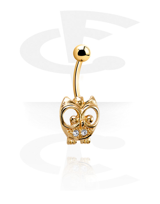 Curved Barbells, Belly button ring (surgical steel, gold, shiny finish) with owl design and crystal stones, Gold Plated Surgical Steel 316L, Alloy Steel