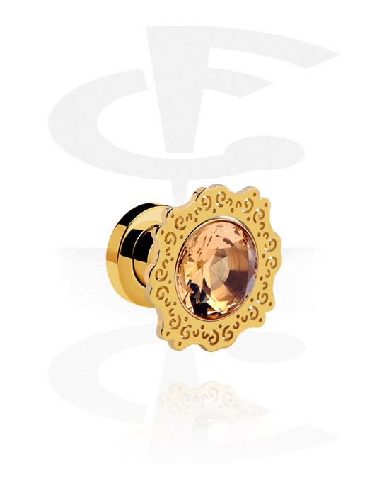 Tunnels & Plugs, Screw-on tunnel (surgical steel, gold, shiny finish) with crystal stone, Gold Plated Surgical Steel 316L