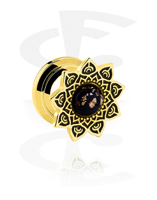 Tunnels & Plugs, Screw-on tunnel (surgical steel, gold, shiny finish) with vintage flower design, Gold Plated Surgical Steel 316L