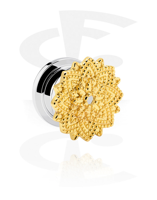 Tunnels & Plugs, Screw-on tunnel (surgical steel, silver, shiny finish) with golden flower attachment, Surgical Steel 316L