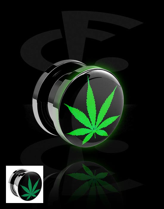 Tunnels & Plugs, Screw-on tunnel (surgical steel, black, shiny finish) with LED attachment and Marijuana leaf, Surgical Steel 316L