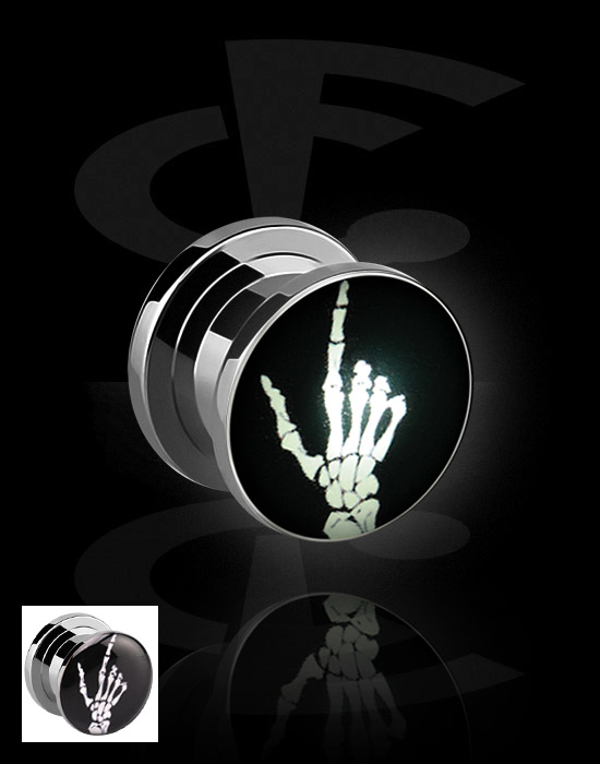 Tunely & plugy, Šroubovací tunel (chirurgická ocel, stříbrná, lesklý povrch) s LED koncovkou a designem ruka kostlivce, Chirurgická ocel 316L