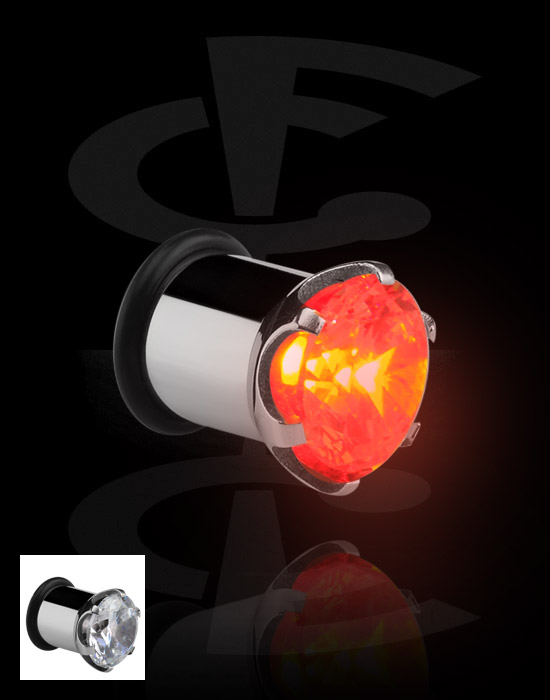 Tunneler & plugger, Enkeltformet plugg (kirurgisk stål, sølv, skinnende finish) med LED-feste og krystallstein, Kirurgisk stål 316L