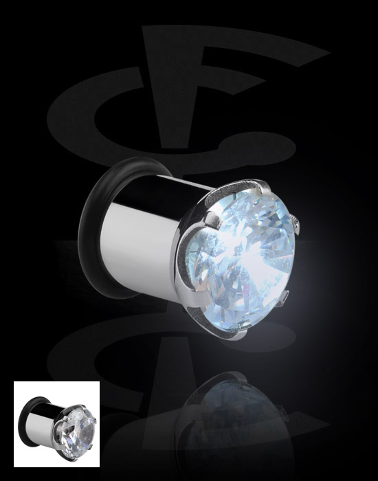 Tuneli & čepovi, Jednostruki rašireni čepić (kirurški čelik, srebrna, sjajna završna obrada) s LED dodatkom i kristalnim kamenom, Kirurški čelik 316L