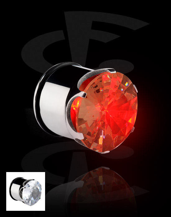 Tunnels & Plugs, Single flared plug (surgical steel, silver, shiny finish) with LED attachment and crystal stone, Surgical Steel 316L