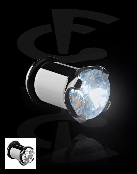 Tunely & plugy, Plug s rozšířeným koncem (chirurgická ocel, stříbrná, lesklý povrch) s LED koncovkou a krystalovým kamínkem, Chirurgická ocel 316L