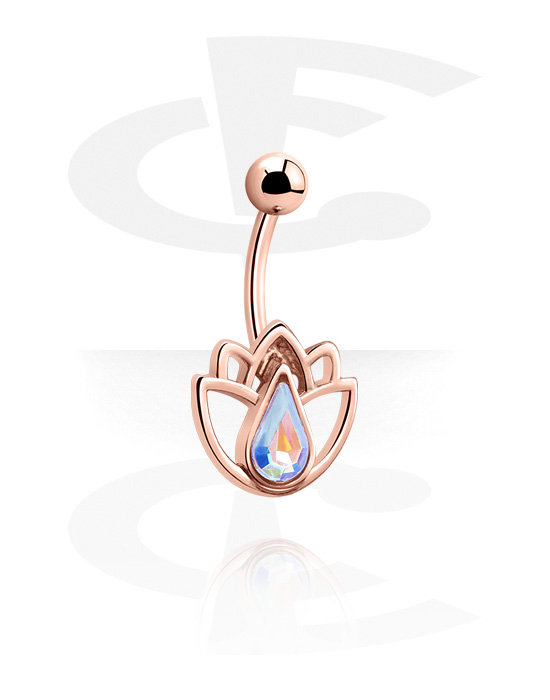 Curved Barbells, Belly button ring (surgical steel, rose gold, shiny finish) with flower design and crystal stone, Rose Gold Plated Surgical Steel 316L, Zinc Alloy