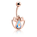 Zahnuté činky, Kroužek do pupíku (chirurgická ocel, růžové zlato, lesklý povrch) s designem květina a krystalovým kamínkem, Chirurgická ocel 316L pozlacená růžovým zlatem, Slitina zinku