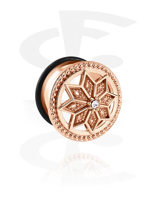 Tunnels & Plugs, Single flared tunnel (surgical steel, rose gold, shiny finish) with star design and O-ring, Rose Gold Plated Surgical Steel 316L
