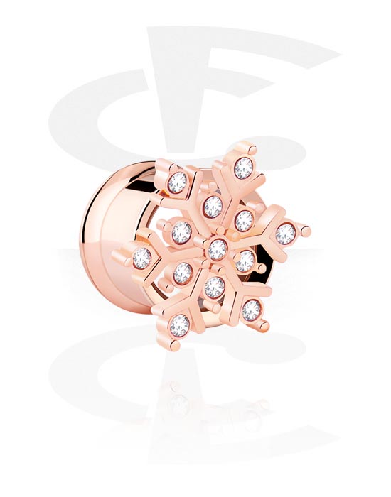 Tunnels & Plugs, Double flared tunnel (surgical steel, rose gold, shiny finish) with snowflake design and crystal stones, Rose Gold Plated Surgical Steel 316L