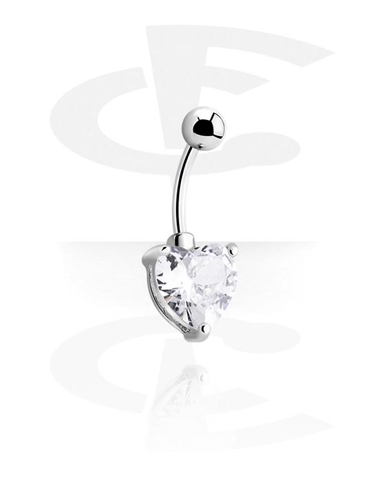 Zaobljene šipkice, Prsten za pupak (kirurški čelik, srebrna, sjajna završna obrada) s dizajnom srca i kristalnim kamenom, Kirurški čelik 316L