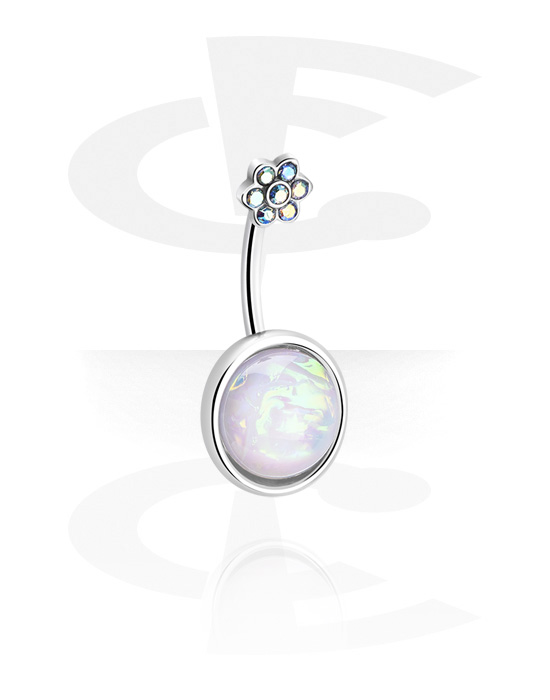 Curved Barbells, Belly button ring (surgical steel, silver, shiny finish) with flower design and imitation mother of pearl inlay, Surgical Steel 316L