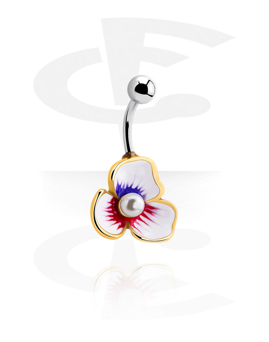 Zahnuté činky, Krúžok do pupku (chirurgická oceľ, strieborná, lesklý povrch) s dizajnom kvetina, Chirurgická oceľ 316L, Legovaná oceľ