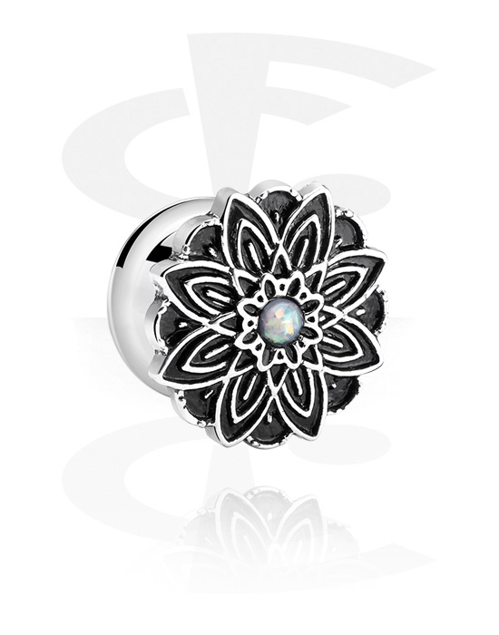 Tunnels & Plugs, Double flared plug (surgical steel, silver, shiny finish) with vintage flower design, Surgical Steel 316L, Alloy Steel