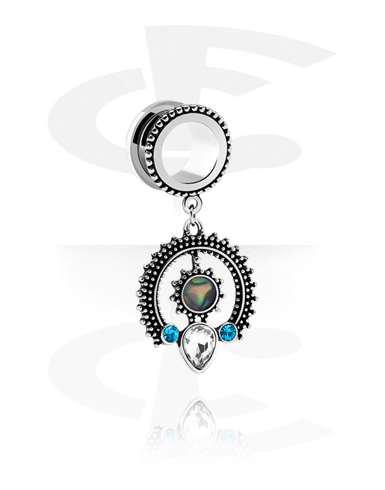 Tunnels & Plugs, Screw-on tunnel (surgical steel, silver, shiny finish) with charm and crystal stones, Surgical Steel 316L, Alloy Steel