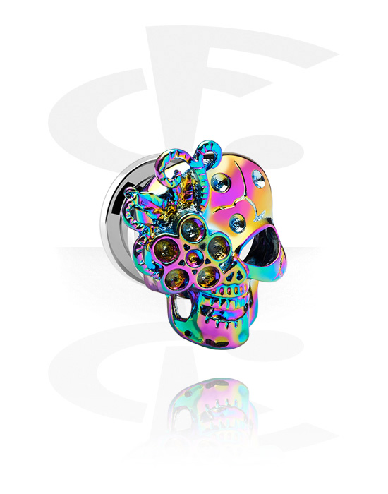 Tunnels & Plugs, Screw-on tunnel (surgical steel, silver, shiny finish) with skull attachment, Surgical Steel 316L, Alloy Steel