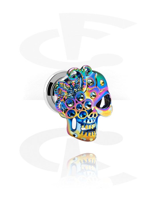 Tunnels & Plugs, Screw-on tunnel (surgical steel, silver, shiny finish) with skull attachment, Surgical Steel 316L, Alloy Steel