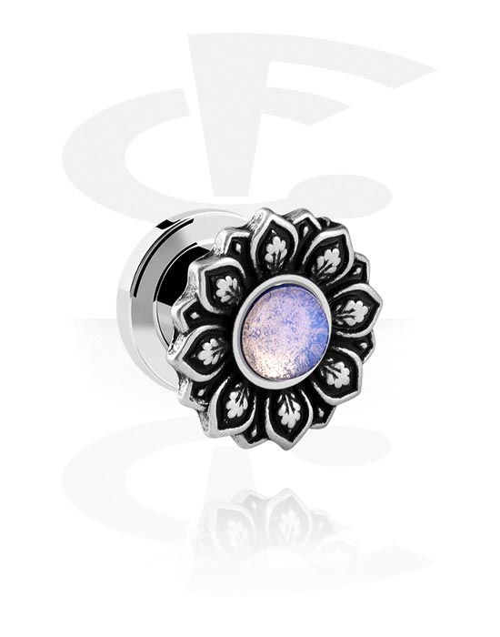 Tunnels & Plugs, Screw-on tunnel (surgical steel, silver, shiny finish) with vintage flower design, Surgical Steel 316L