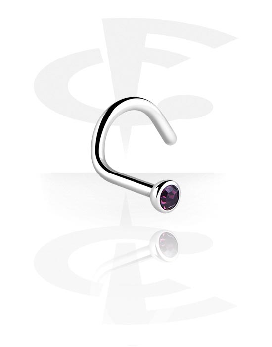 Nose Jewellery & Septums, Curved nose stud (surgical steel, silver, shiny finish) with crystal stone