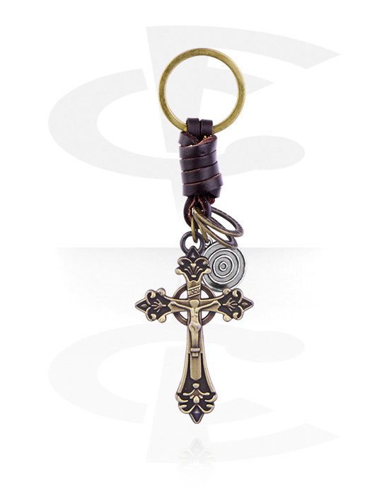 Porte-clés, Porte-clés avec motif croix, Acier allié, Cuir